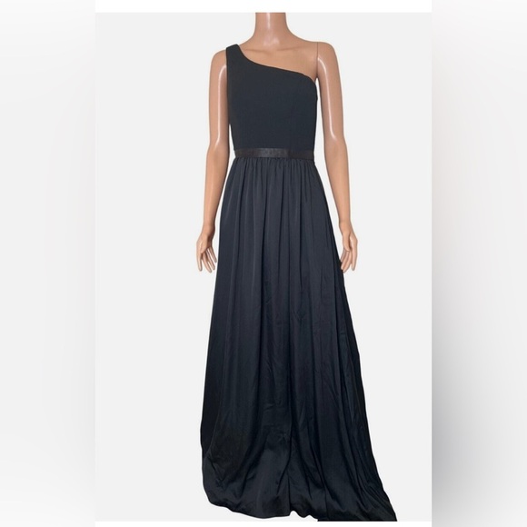 White by Vera Wang Formal Black One-Shoulder Dress with Sash in Ebony Si… - Picture 3 of 14